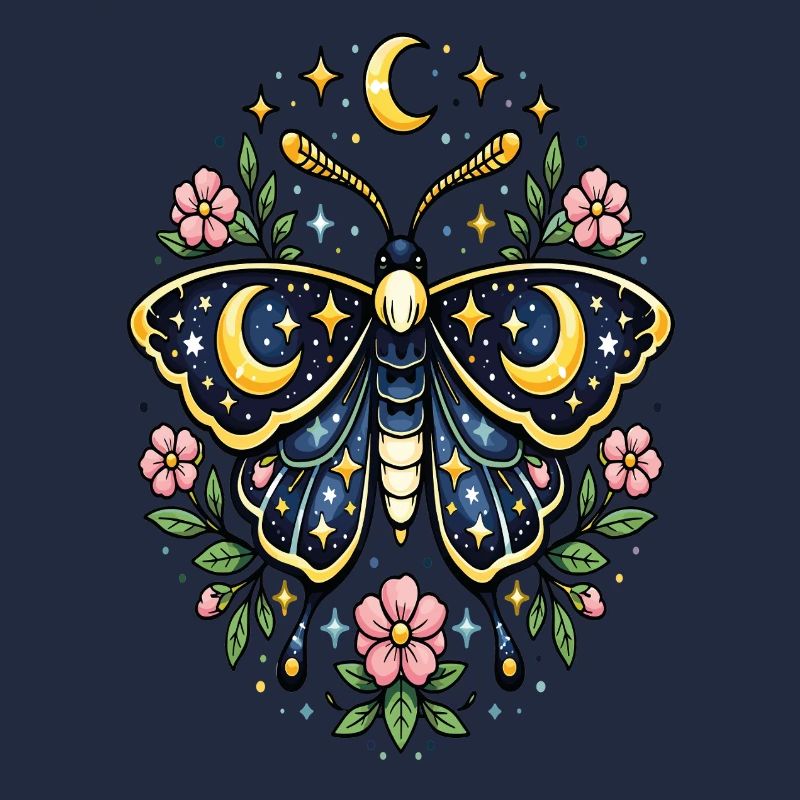 Papillon céleste lune fleurs étoiles