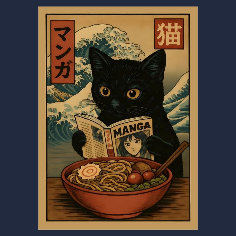 Cat lit des mangas mangeant Ramen Wave