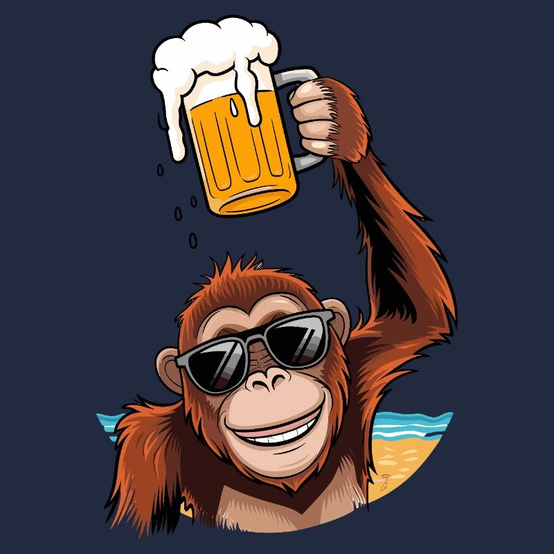 Funny monkey with beer mug on the beach party monkey
