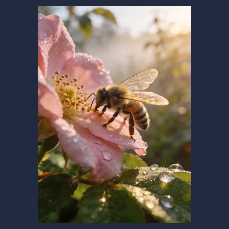 Morgenbiene auf Rosenblüte