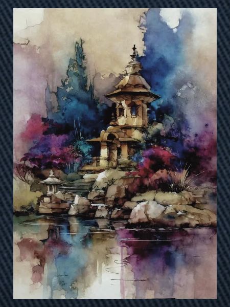 Aquarellgarten der blauen Pagode