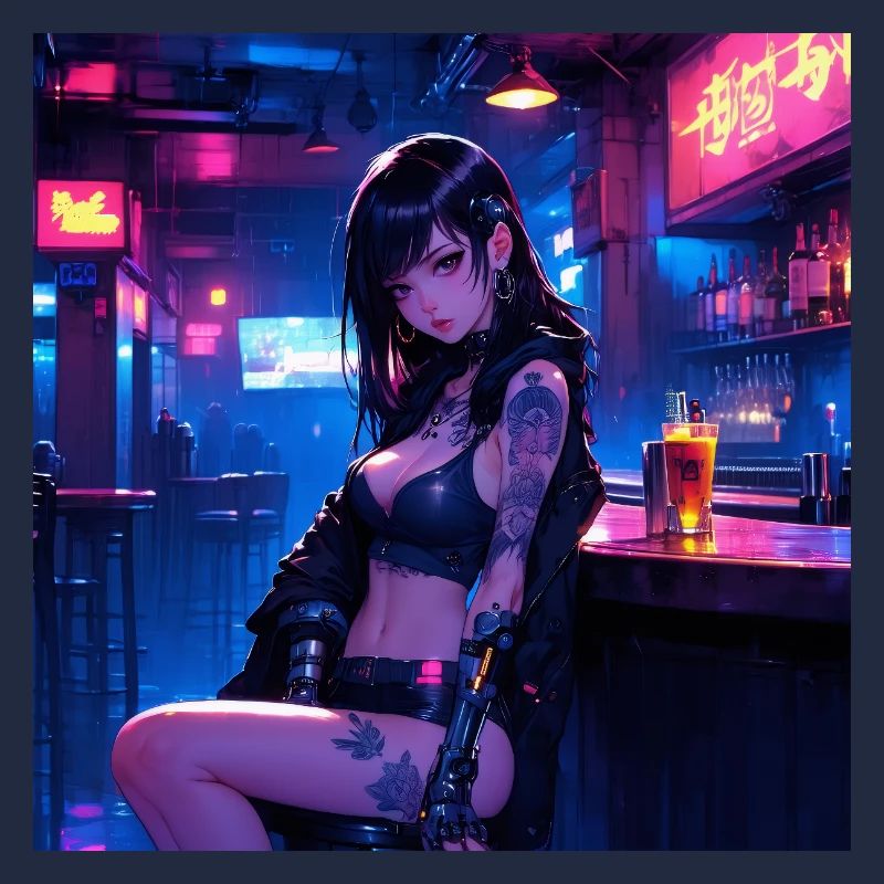 N-dless Nights: Anime-Cyberpunk-Mädchen in einer dunklen Bar