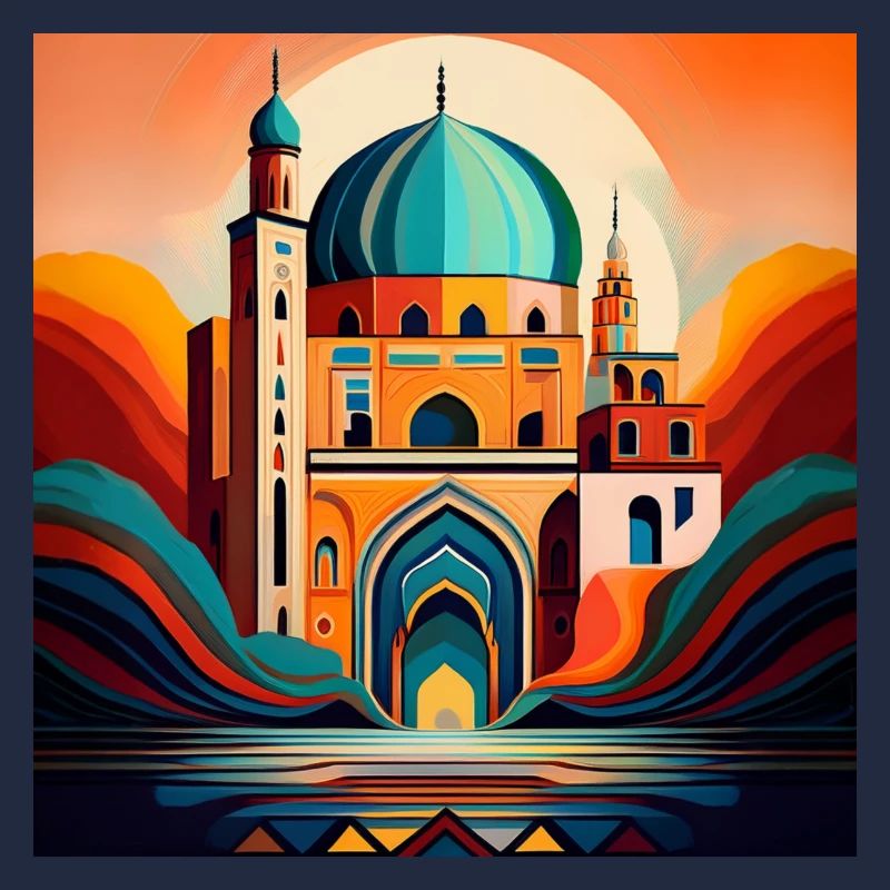 Artistic Mosque Under Sunset: Bold Islamic Design