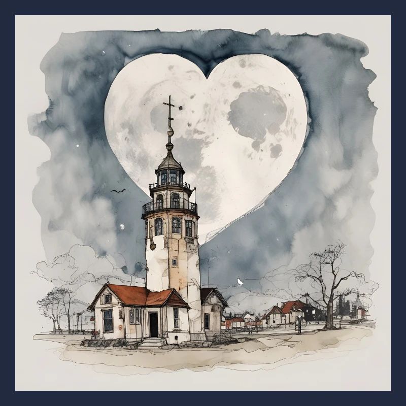 Kirche / Leuchtturm im Dorf unter Mond-Herz-Form