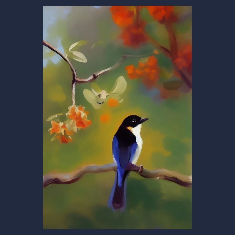 Oiseau sur branche avec des fleurs colorées