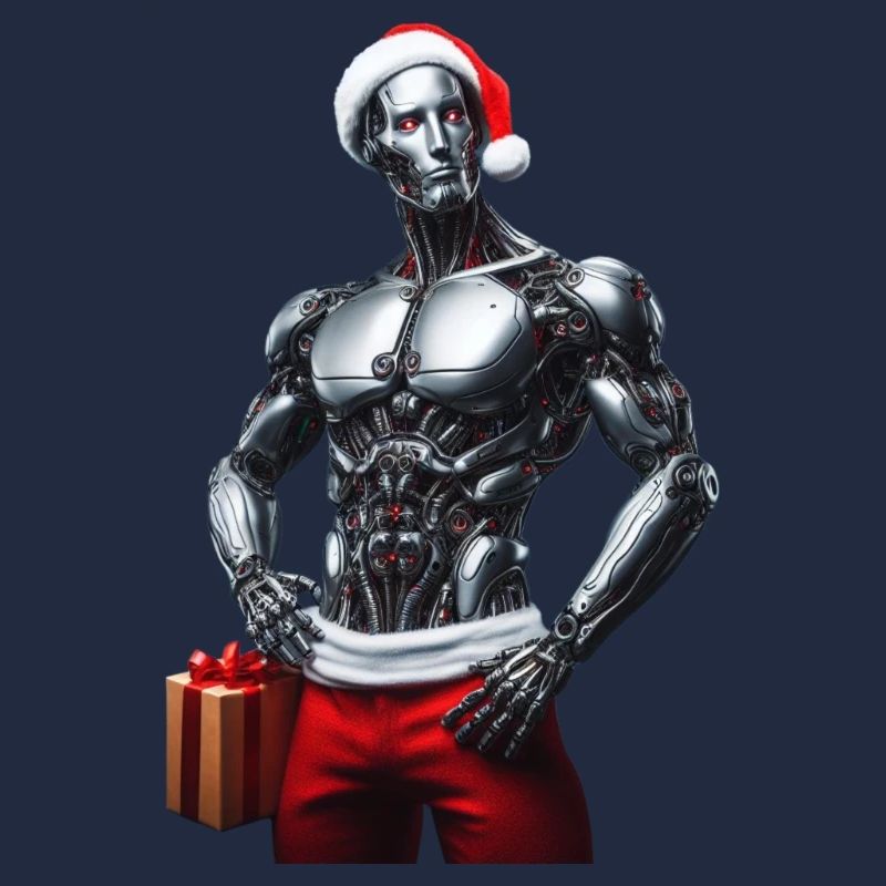 Cyber-robot mit Weihnachtsmütze und Geschenk