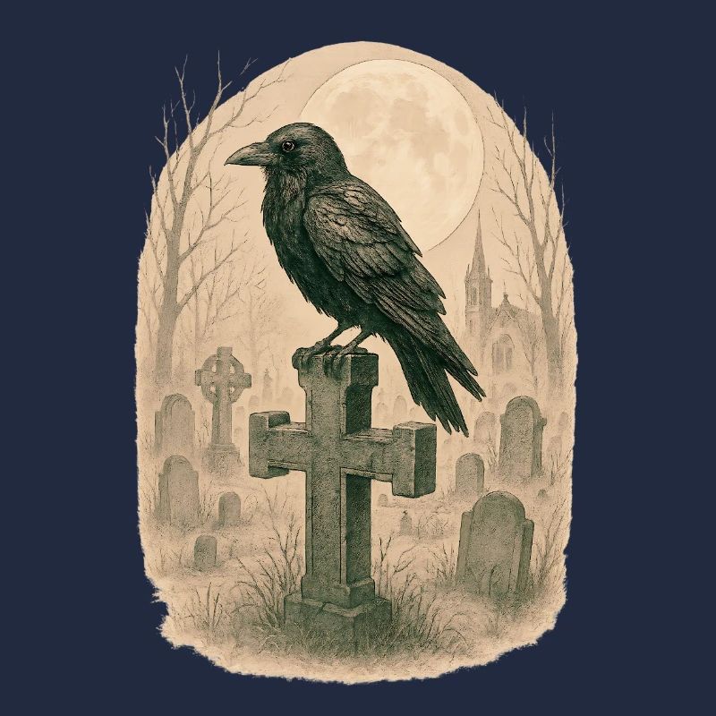 Moonlit Graveyard Raven Illustration