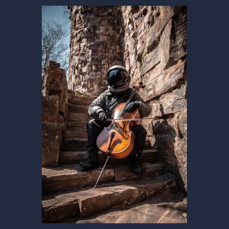 Astronaut Playing Cello on Stone Steps