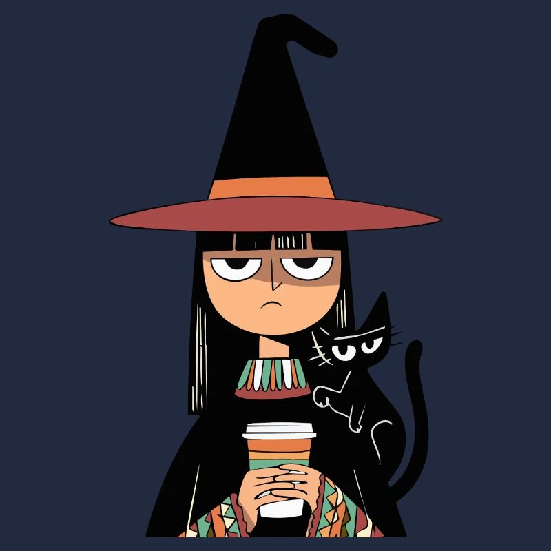 Grumpy Witch with Coffee and Black Cat – Halloween