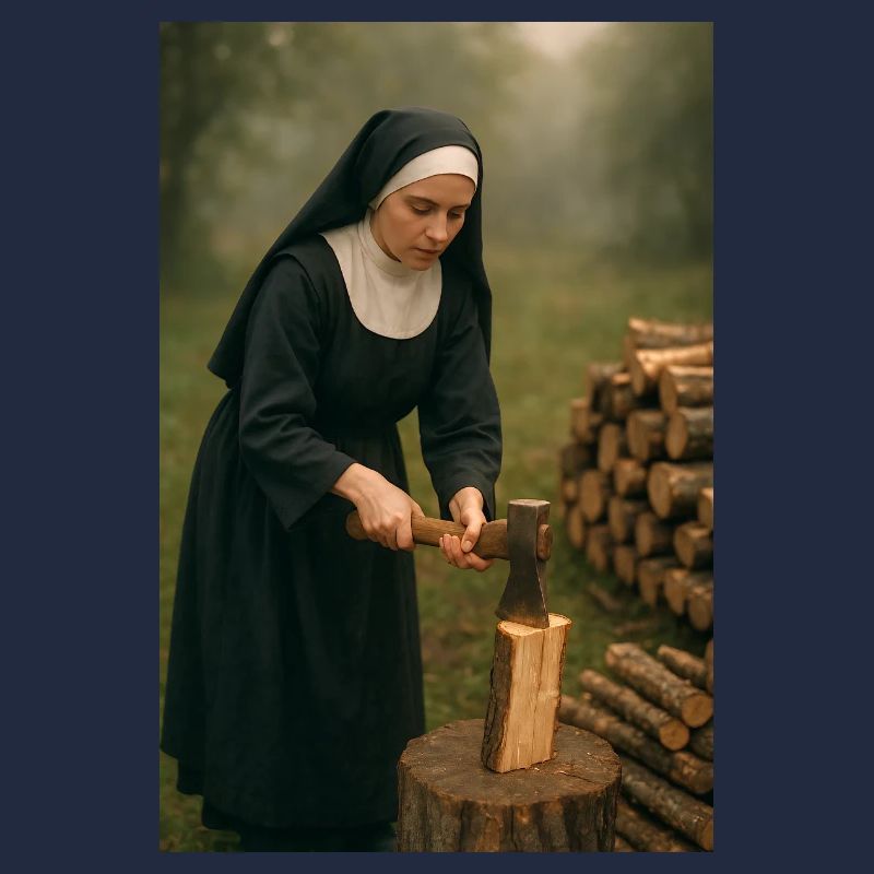 Nonne hackt Holz