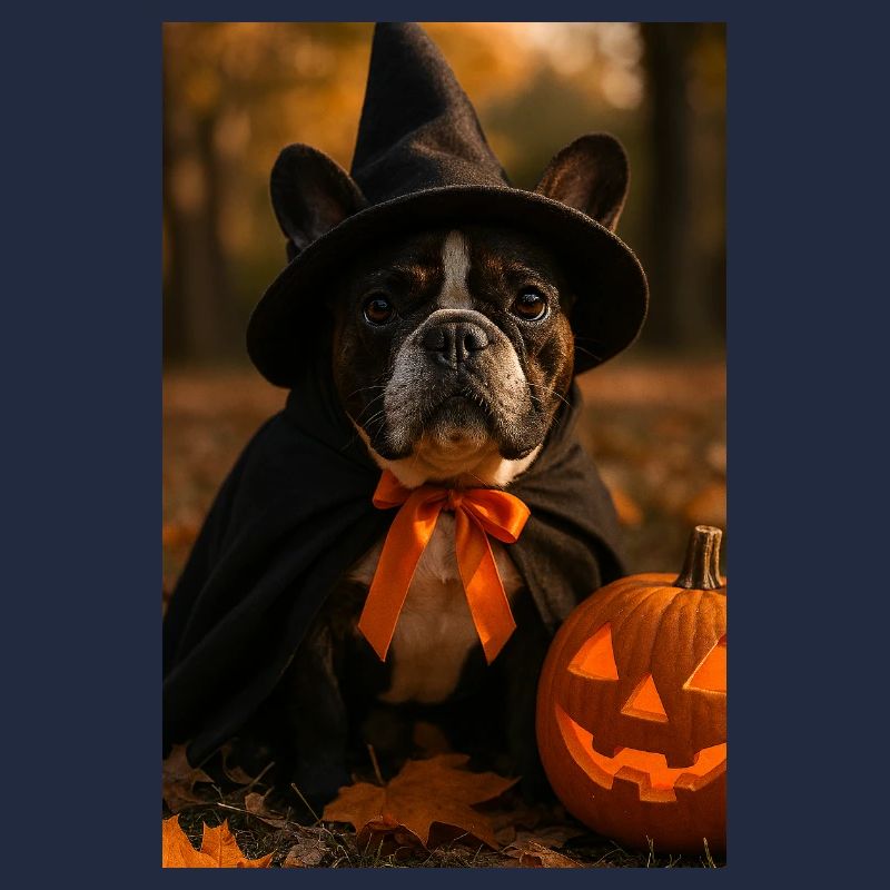Halloween Hund im Hexenkostüm