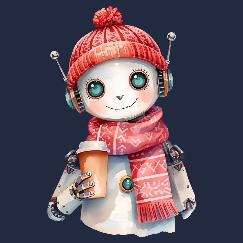 Robot aquarelle confortable avec café et écharpe d’hiver