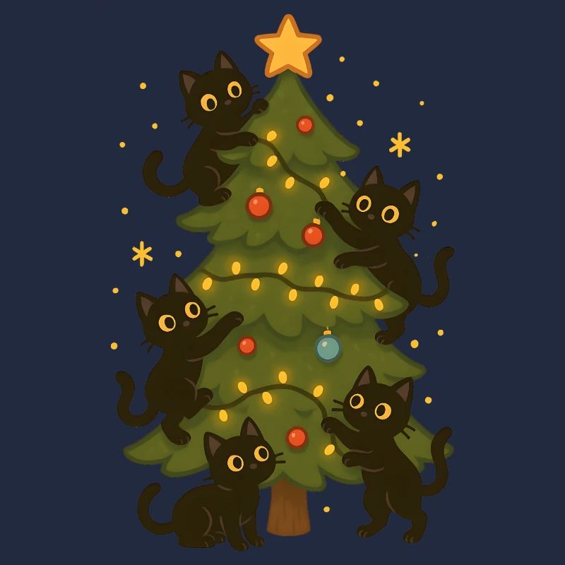 Cats Decorating Christmas Tree Fun Design