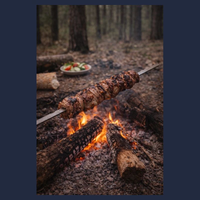 Brochette au feu de camp dans la forêt