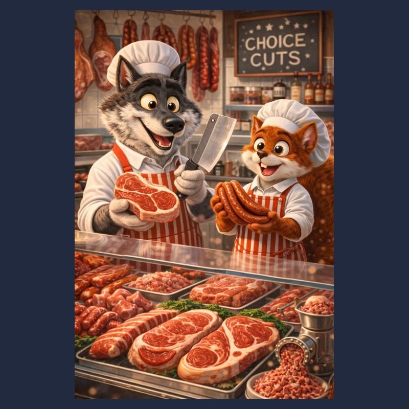 Herr Wolf und Herr Eichhörnchen in einer Metzgerei