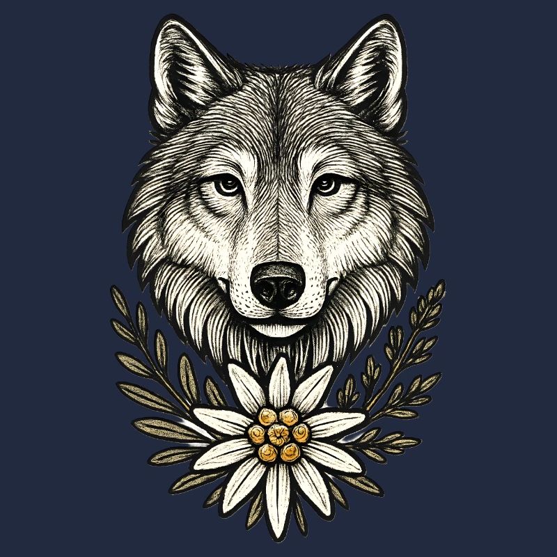 Wolfkopf mit Blumenkranz