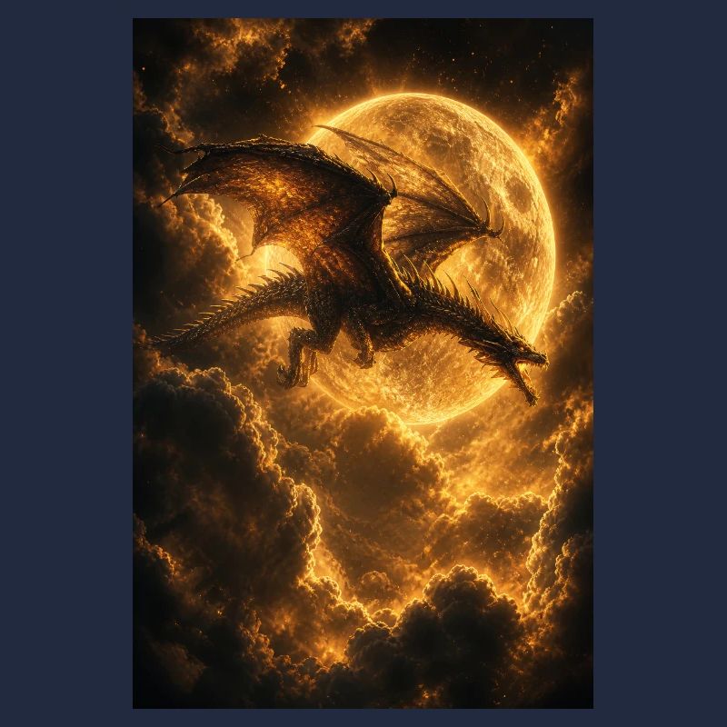 Dragon au-dessus du ciel de braises éclairé par la lune