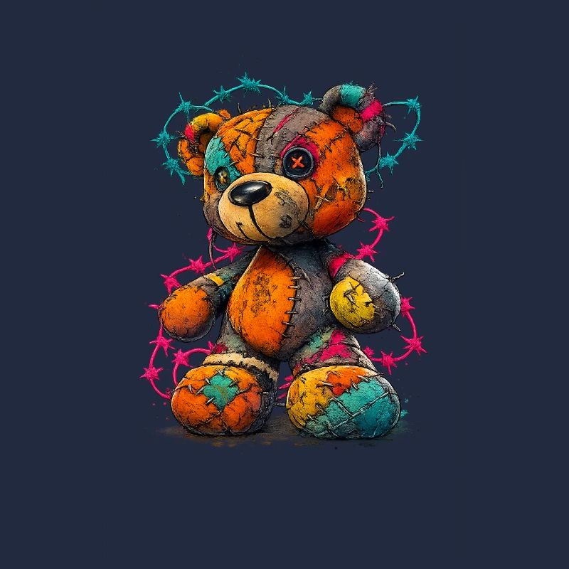 Patchwork Teddybär mit Neonfäden