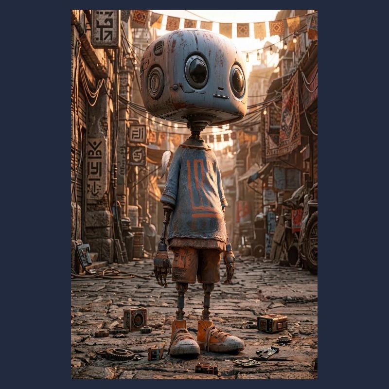 Rusty Robot in Neon Bazaar