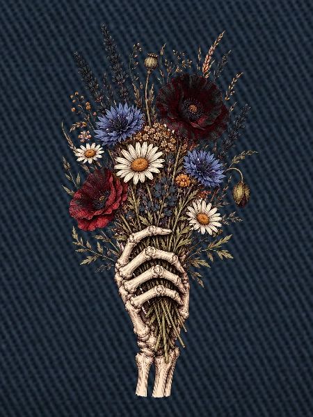 Skeletthand mit Wildblumenstrauß