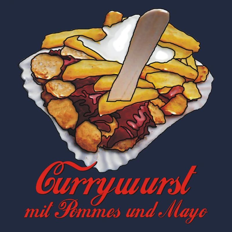 Currywurst mit Pommes, Mayo und Text
