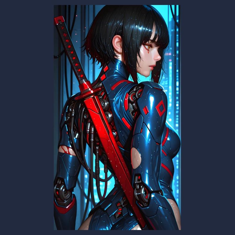 3D Blue/Red Cyberpunk Samurai Warrior with Katana