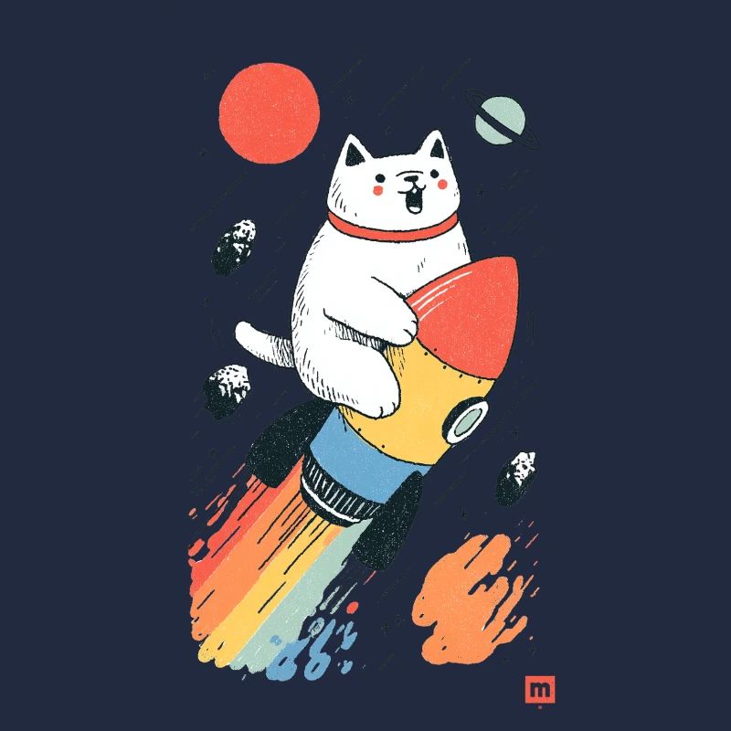Cat on rocket in colorful space