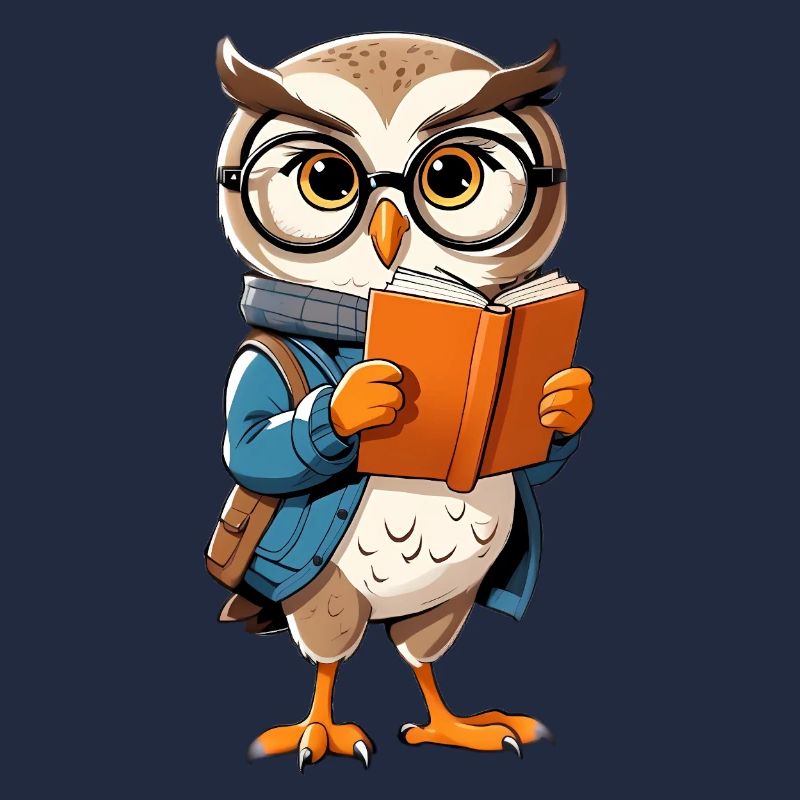 Learning owl with glasses reads book