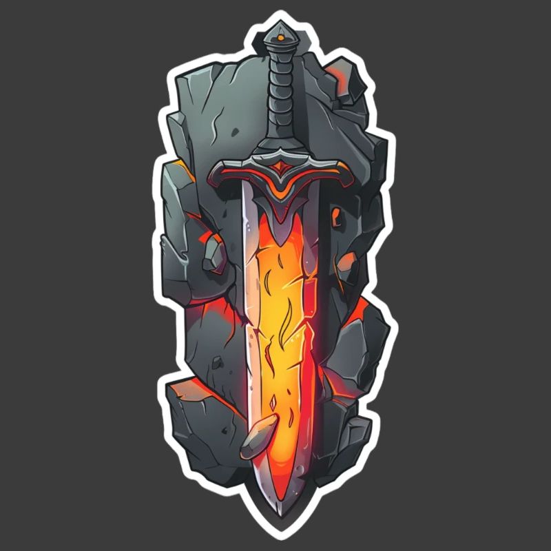 Épée de feu de dessin animé devant un rocher RPG GAme