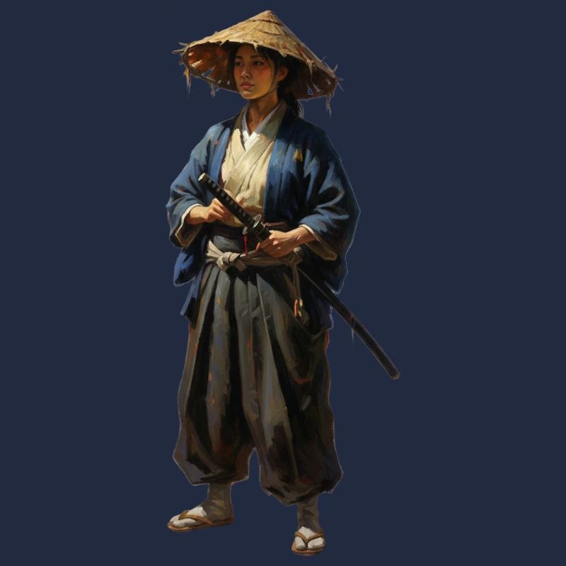 samurai warrior with straw hat realistic