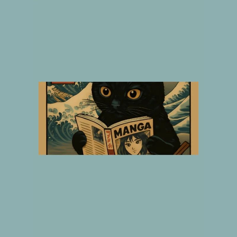 Cat lit des mangas mangeant Ramen Wave