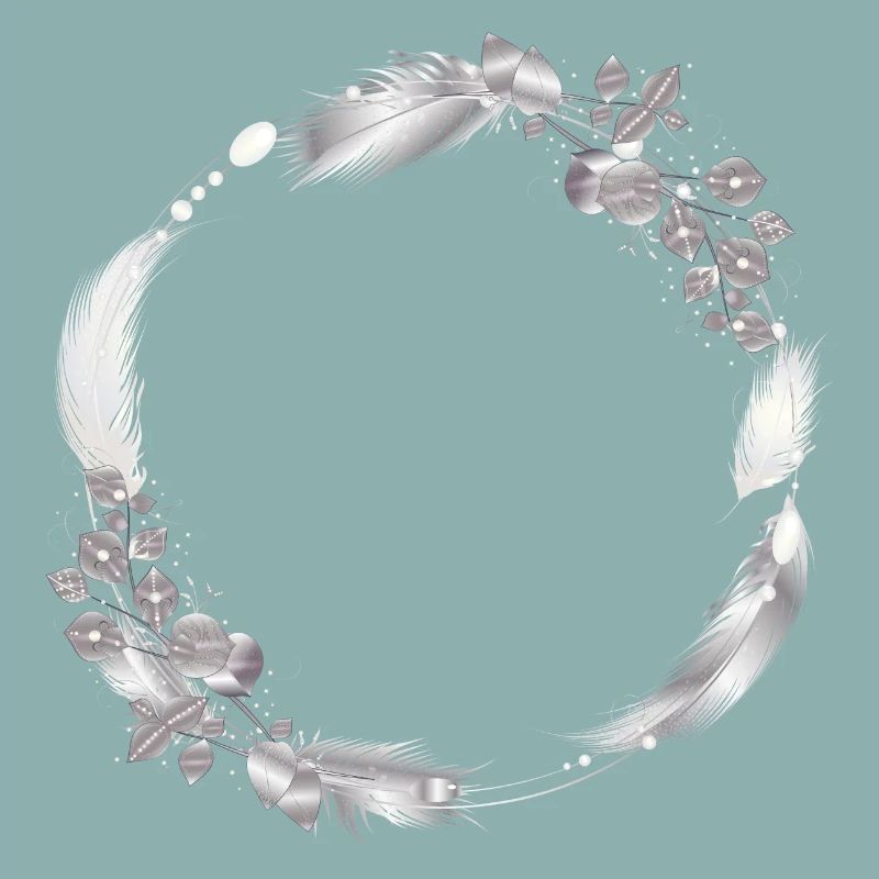 delicate frame made of silver-colored feathers & leaves