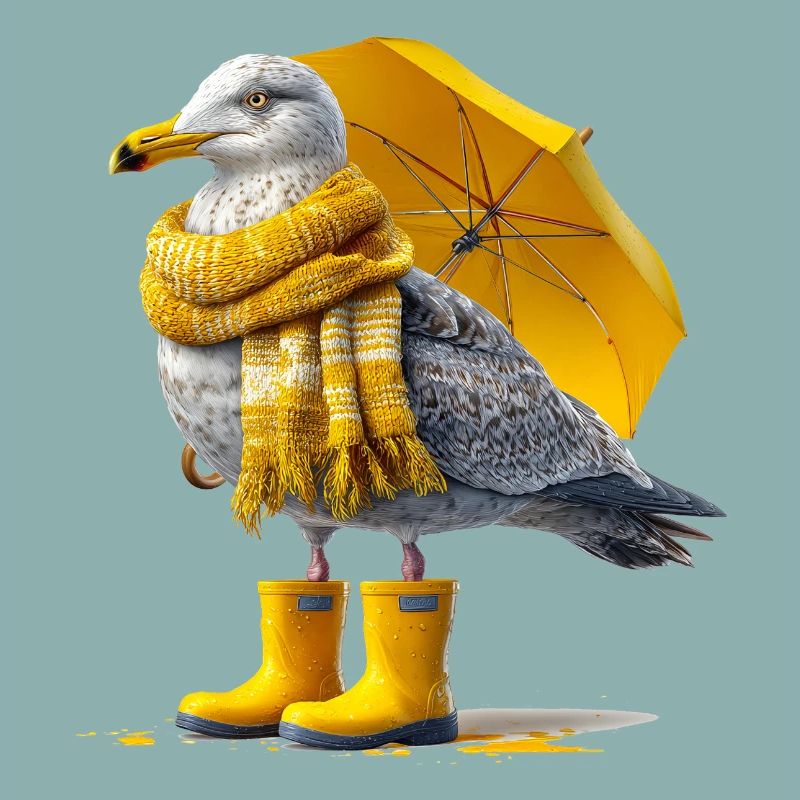 Seemöwe mit Gelbem Regenschirm und Boots