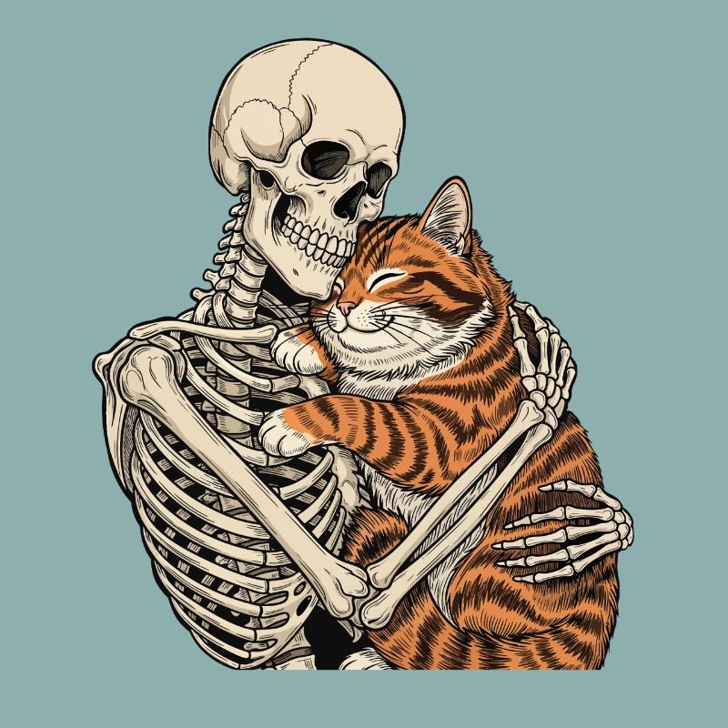 Skeleton Hugging Cat — Spooky Cat Skeleton Cuddle