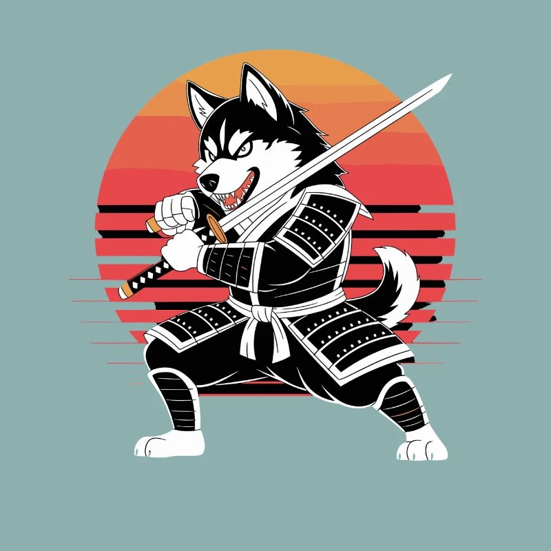 Husky Samurai Warrior With Katana Before Retro