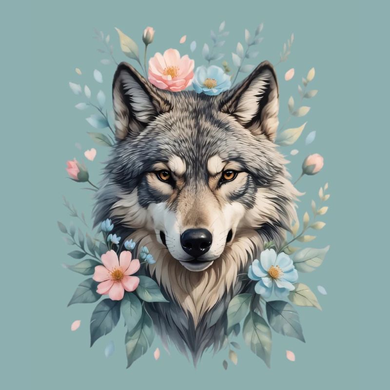 Wolf's head with flower wreath