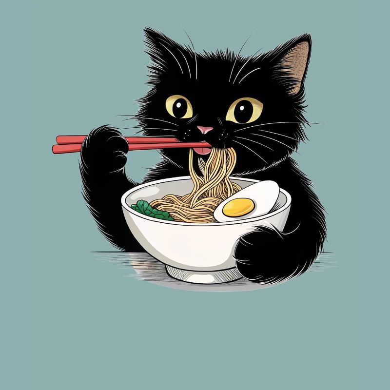 Schwarze Katze isst Ramen Nudeln 