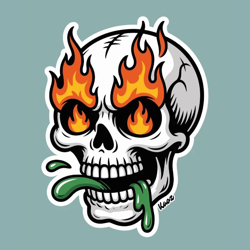 Crâne de flammes avec de la bave verte dans la bouche
