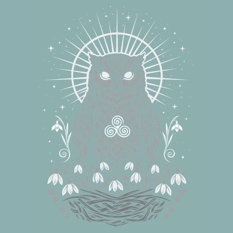 Imbolc Owl with Triskele and Snowdrops