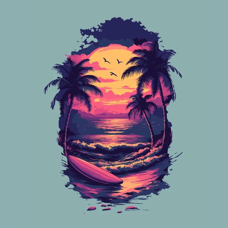 Planche de surf Sunset – Retro Palm Trees & Waves Design