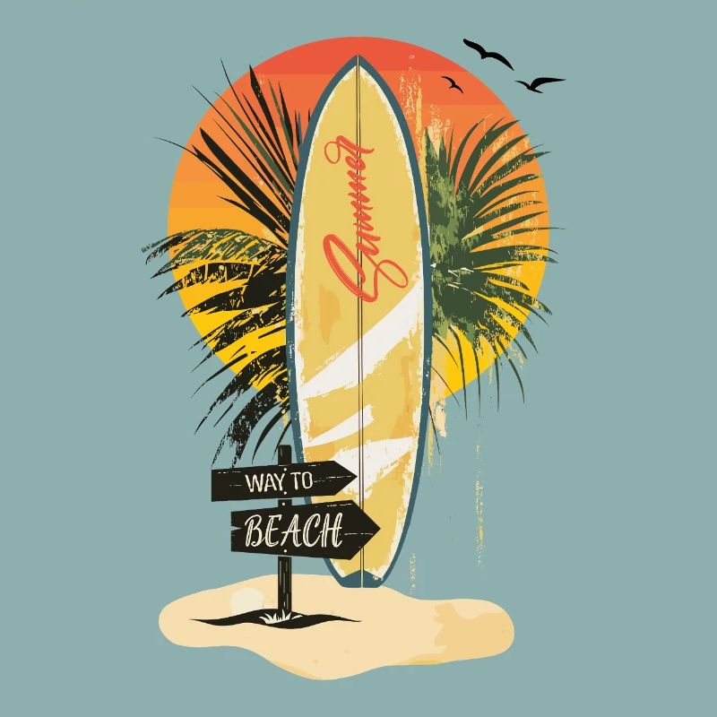 Surfboard Sunset – Palm Trees, Summer & Beach