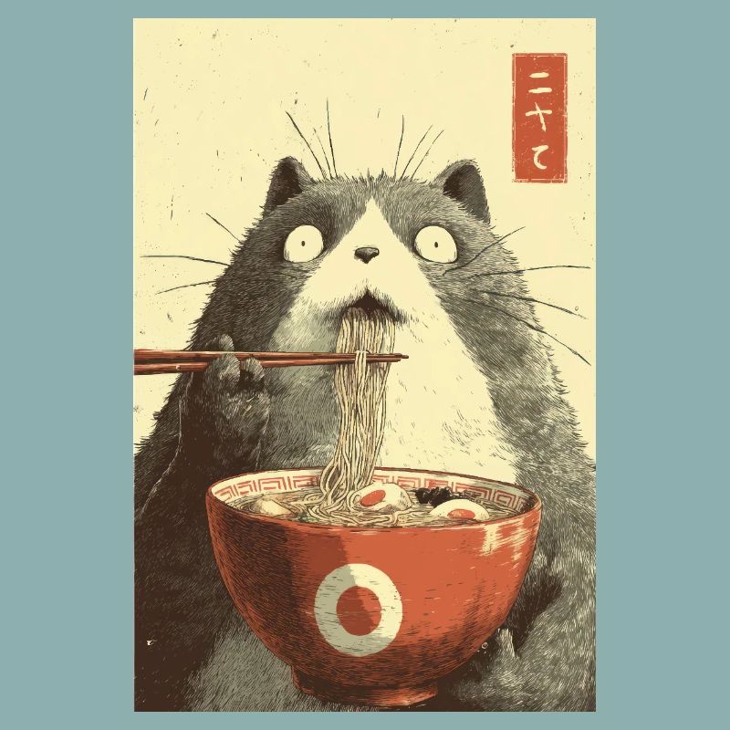 Schockierte Katze isst Ramen