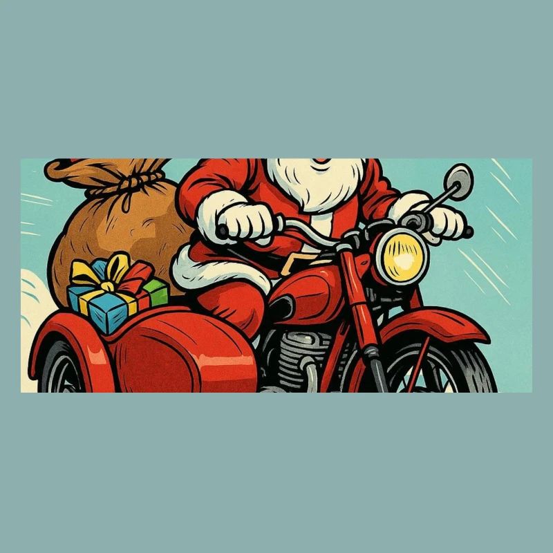 Weihnachtsmann auf einem Motorrad mit Seitenwagen – Comic-Stil