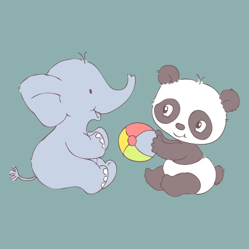 Elephant and Panda playing with ball