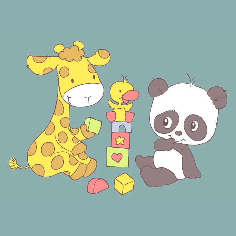 Giraffe and Panda playing with Blocks