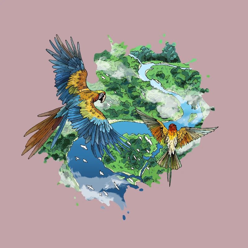 Parrots Flying Over the Jungle