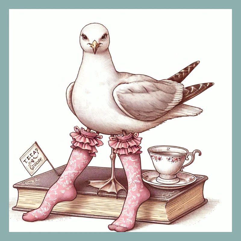 Schicke Möwen-Dame beim Tee mit Buch