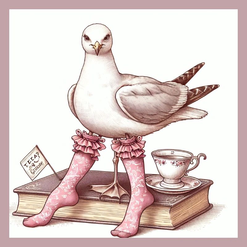 Schicke Möwen-Dame beim Tee mit Buch
