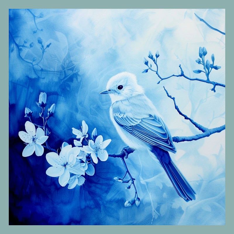 Singvogel Ast Blüten Blautöne filigran Zeichnung