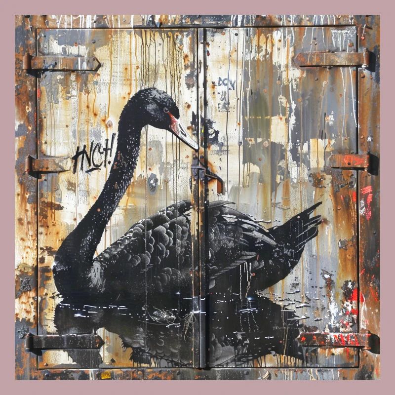 Graffiti schwarzer Schwan Rost Metall Containertür